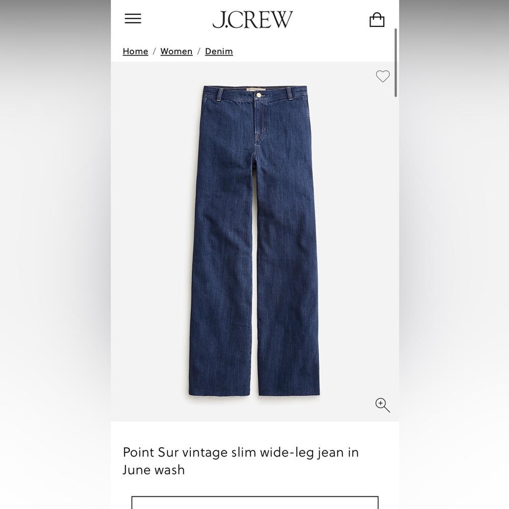 J. Crew Point Sur vintage inspired slim wide- leg Jean. size 29